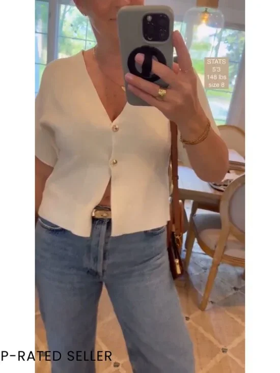 Oversized V-Neck Cardigan Lightweight Knit Casual Button Down Short Sleeve - Picture 6 of 7